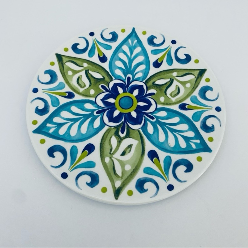 Nicole Miller Blue & Green Floral Pattern Melamine Dessert Plates Set of 4